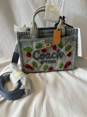 Coach New York Denim Mini Tote with Cherry Appliqués - Light Blue
